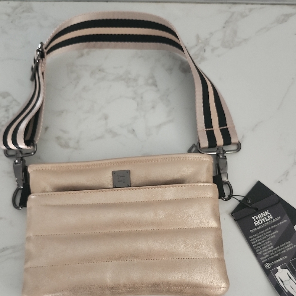THINK ROYLN Metallic Beige Crossbody Bag with Black-Striped Strap